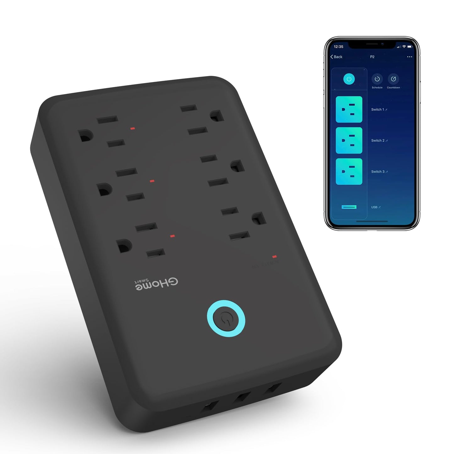 GHome Smart Plug Outlet Extender, Surge Protector with 3 Individually Controlled Smart Power Strips and 3 Smart USB Ports, Smart Plugs that Works with Alexa Google Home, Smart Outlet, 15A/1800W, Black