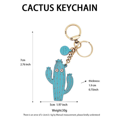NEWGOCRAFT Keychain Charms 3D Cute Genuine Leather Handmade Crafts Cactus Pendant Keychains Accessorie (Blue)