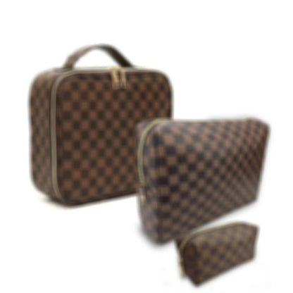 Brown Checkered Makeup Bag Set, Portable with Adjustable Partition, Large Capacity Pouch for Travel Organizer, Makeup Brushes Bag, Waterproof, Toiletries, Designer for Gift( 3Pcs Brown Checkered)