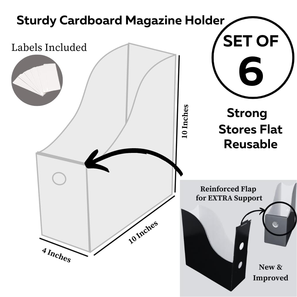 Evelots Magazine File Holder - Set of 6 Black - Office Desk Organizer - Sturdy Cardboard - New Upgraded Double Front Panel for More Stability - Full 4 Inch Wide - Easy Assemble