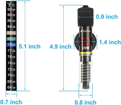 DaToo Mini Aquarium Heater 25W Small Fish Tank Heater 25 Watt with Free Thermometer Sticker