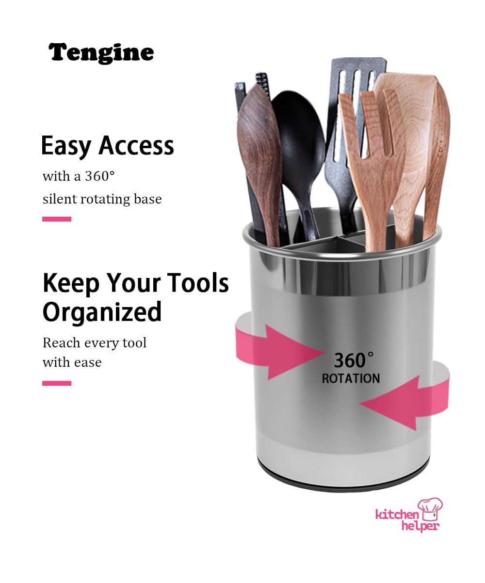 TENGINE Stainless Utensil Holder 360° Rotating 6.5X5.25 Inch Utensil Crocks for Kitchen Counter with Removable Divider Red
