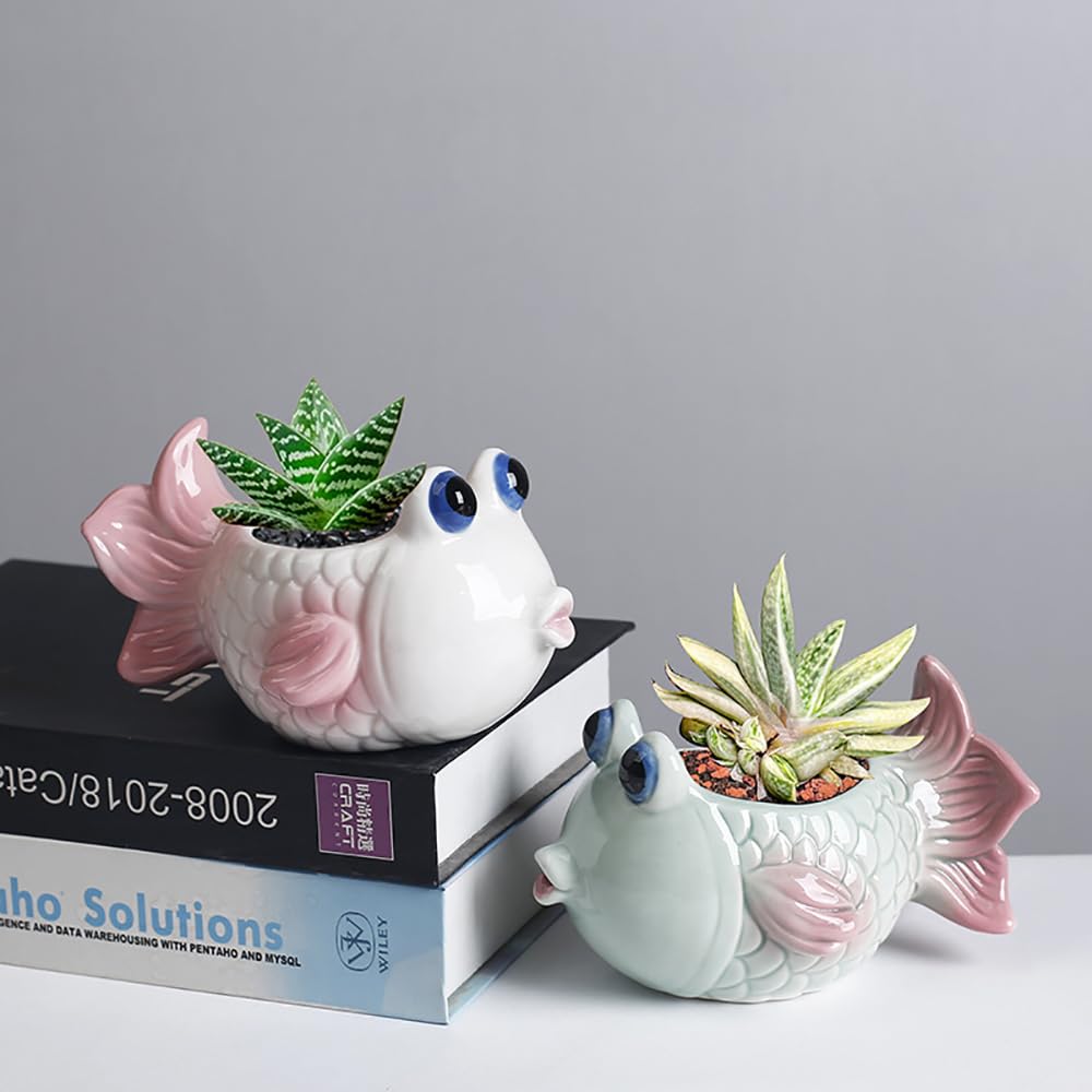 DIYOMR Tropical Fish Ceramic Planter, 5.8 Small Flower Pot Decoration Desktop Windowsill Decor,Indoor Outdoor Succulent Cactus Pot for Plant Lover (Pink)