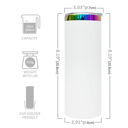 FunTrans 20 oz Skinny Tumblers Stainless Steel Tumbler with Lid and Straw Double Wall Vacuum Insulated Coffee Mug 20oz Powder Coated Cup for Hot and Cold Drinks(White,1 pack)