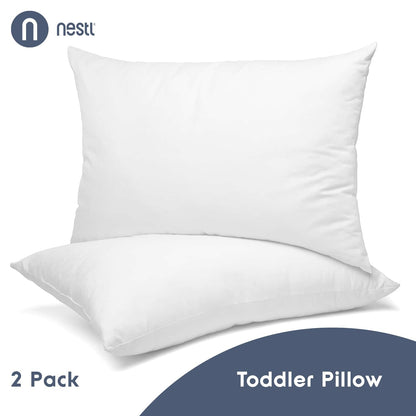 Nestl 2 Pack Toddler Pillow for Sleeping 13 x 18, Small Kids Pillow for Travel, Car, School, Nap, & Toddler Bed, Machine Washable Soft Cotton Child 2 Year Old and Up - White
