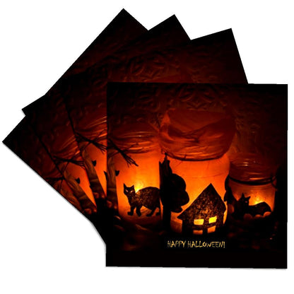 3dRose CST_6025_3 Halloween Cat, House and Bat Luminaries Ceramic Tile Coasters, Set of 4