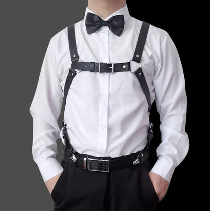 Mens Black Leather Armors Suspenders Shoulder Strap Body Chest Harness Chain Belt Adjustable Gay Punk Clubwear Costume