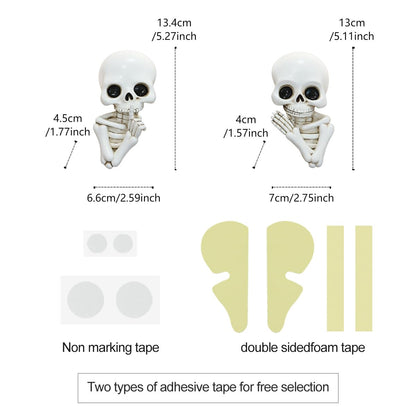 JARPSIRY Set of 2 Funny Keep Quiet Skeleton Statue Window Peeker Door Corner Decor, Horror Resin Skull Figurines Gothic Wall Sculpture Spooky Home Halloween Decorations