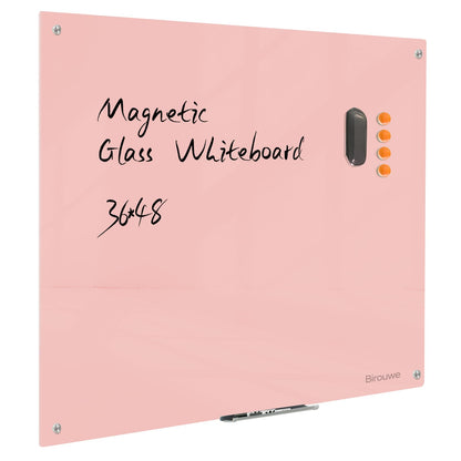 Magnetic Glass Dry Erase Board - White Board 48 x 36 Inch Wall Mounted Glass Whiteboard, Large Frameless Glass White Board for Wall Office, Home & School, Pink
