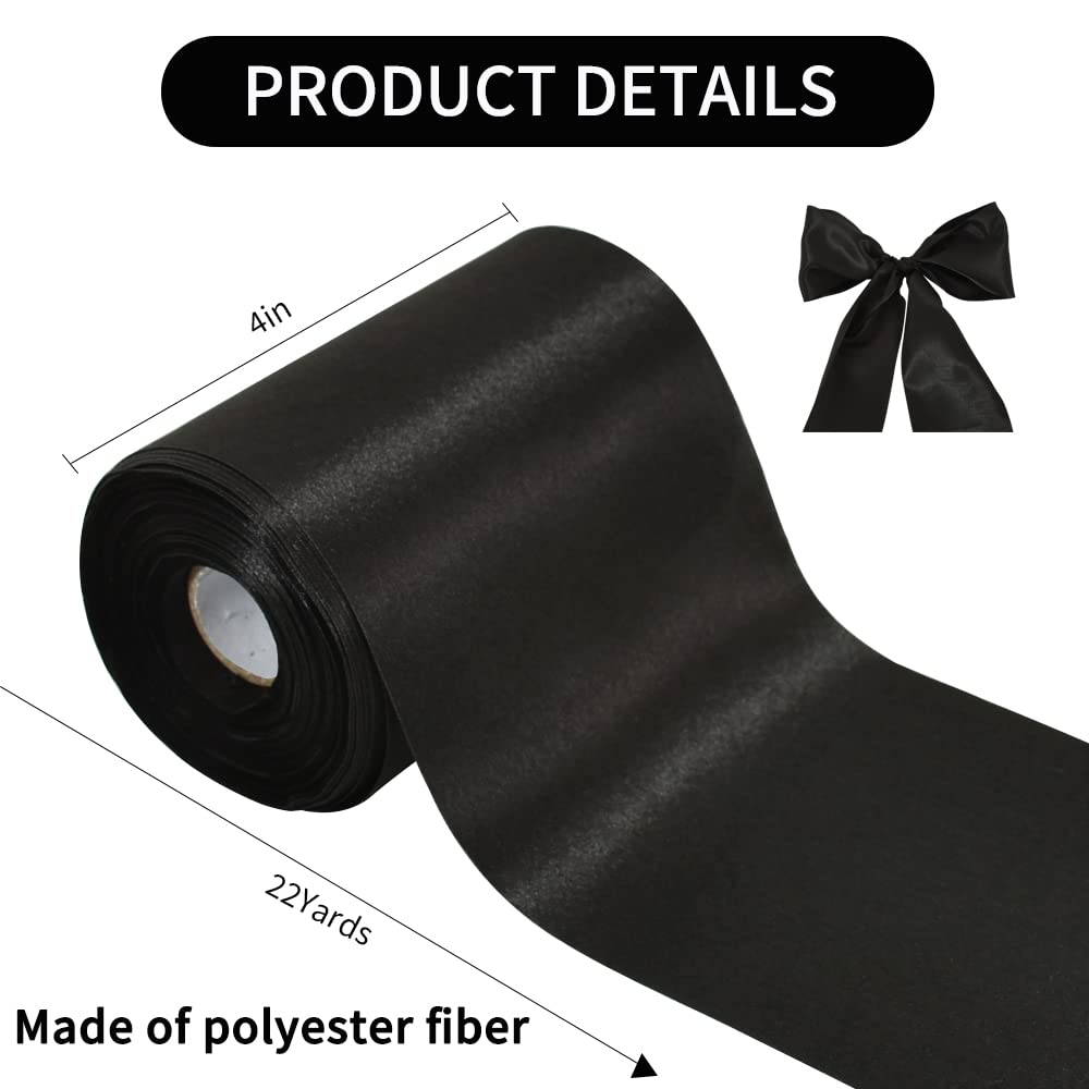 TONIFUL 4 Inch Wide Black Solid Satin Ribbon 22yd Fabric Large Ribbon for Cutting Ceremony Grand Opening Chair Sashes Table Hair Car Bows Floral Craft Gift Wrapping Wedding Halloween Party Decoration