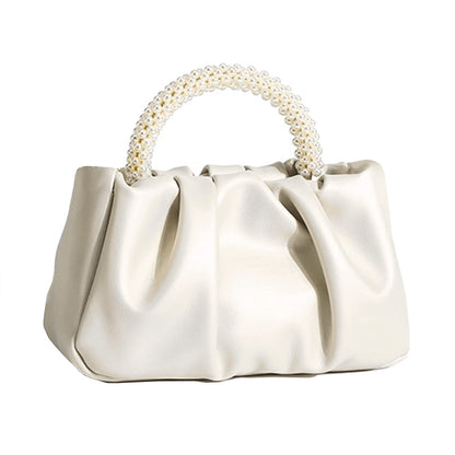 Beatfull Evening Purse Women Small Pearl Handbags Soft Leather Ruched Bag Wedding Bridal Clutch Party Prom Crossbody Purses White