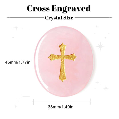 LAIDANLA Rose Quartz Cross Engraved Healing Crystal Worry Stones for Pray Faith Anxiety Relief Oval Palm Stone Polished Natural Crystal Gifts