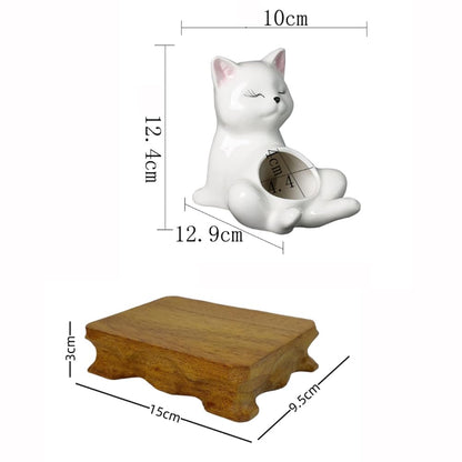 BEECO GIF2U Cute Succulent Pots,White Ceramic Indoor Planters with Drainage and Wood Tray,Round Shallow Flower Plant Pots Decoration Cat