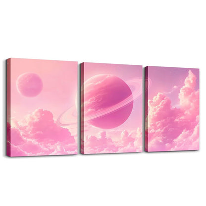 Feelyou Pink Galaxy 3 Piece Canvas Wall Art for Living Room Bedroom Starry Solar System Wall Art for Home Decor 3D Printed Space Office Decor Artwork Dreamy Nebula Picture Painting Posters