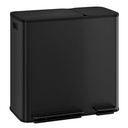Dual Kitchen Trash Can 13.2 + 5.2 Gal (50+20L) Stainless Steel Trash Cans with Soft Close Lid Large Double Garbage and Recycling Bin with 2 Removable Inner Buckets Step-on Metal Garbage Cans Black
