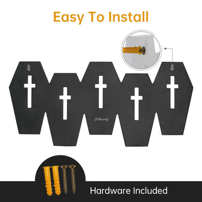 Gothvanity Gothic Coffin Coat Hooks - Heavy Duty 5-Hook Wall Rack, Wooden Black Spooky Dark Aesthetic Decor for Keys Purse Towel Clothes, Bathroom Bedroom Living Room
