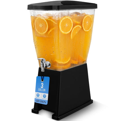 Large Drink Dispenser for Parties (3 Gallon) Slim Plastic Beverage Dispenser with Base for Counter Tops, No Mess, Easy to Assemble & Wash (1 Pack)