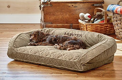 Orvis Comfort Fill-Eco Couch Dog Bed – Plush Three-Sided Bolster with Comfort Fill-Eco Cushion, Quilted Cover, Zip-Off & Machine Washable, Brown Tweed - Large