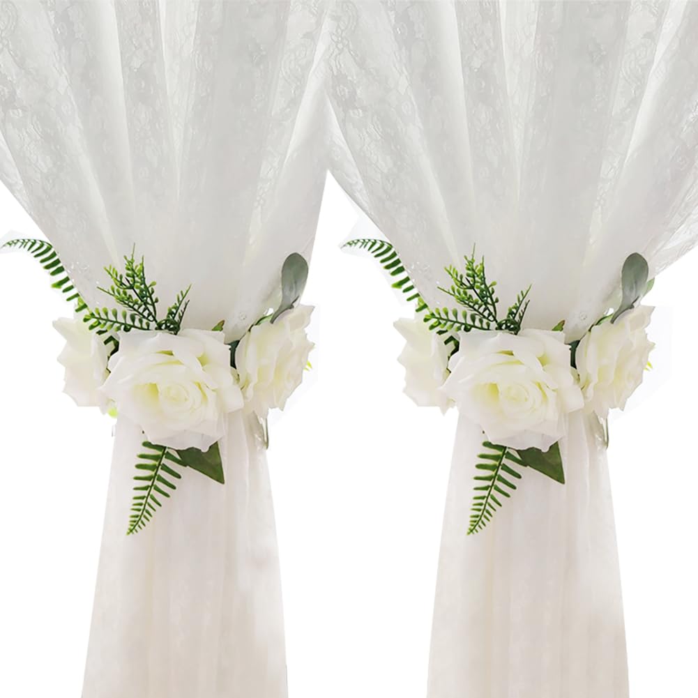 EHERDM 2pcs Flower Curtain Tiebacks Magnetic Adjustable Elegant Rose Floral Tie Backs for Curtains Drapes Decorative Cute Creative Curtain Buckle Strap for Wedding Home Office Bedroom White