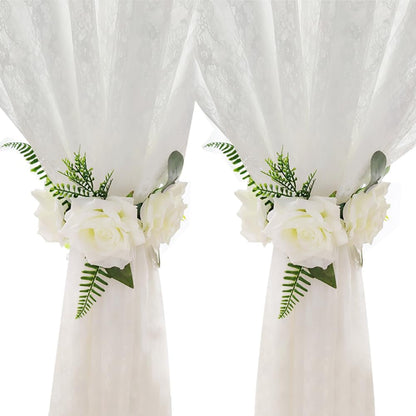 EHERDM 2pcs Flower Curtain Tiebacks Magnetic Adjustable Elegant Rose Floral Tie Backs for Curtains Drapes Decorative Cute Creative Curtain Buckle Strap for Wedding Home Office Bedroom White