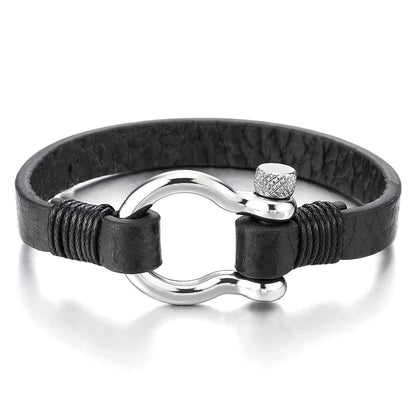 COOLSTEELANDBEYOND Nautical Anchor Black Leather Bracelet for Men and Women, Stainless Steel Screw Shackle, Leather Wrap Wristband, Sailing, Maritime, Ocean-Inspired Jewelry