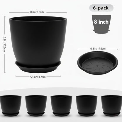 Vanslogreen Plant Pots 8 Inch Set of 6, Flower Pots with Drainage Holes and Saucer, Plastic Garden Planters for Indoor & Outdoor Plants (Black)