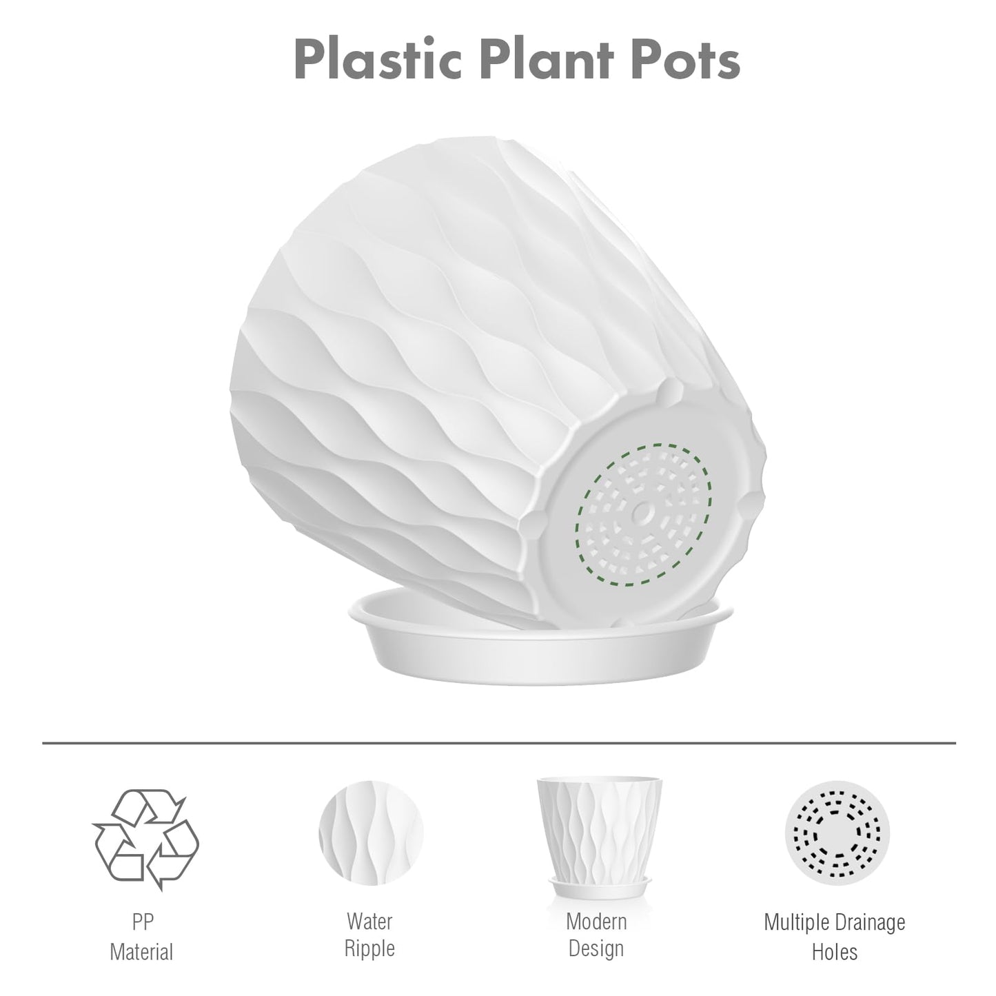 Meowell 6 inch Flower Pots, 5 Pack Plant Pots for Indoor Outdoor Plants, Water Ripples Plastic Planters with Drainage Holes and Saucers, Nursery Pots for Small Succulent Garden House Plants, White