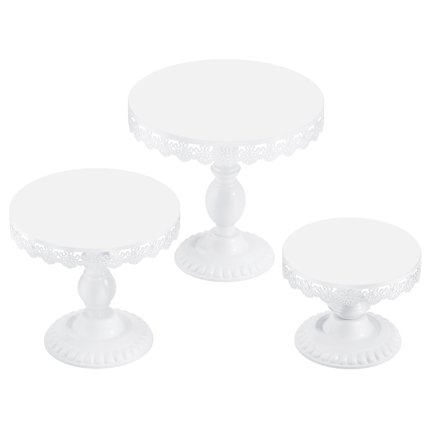 VMFKPNR 3 PCS White Cake Stands (8"&10"&12" Plate), Cupcake Stand with a lace Hollow Border Metal Cake Stand Set for Birthday Party, Wedding, Anniversary, Baby Shower