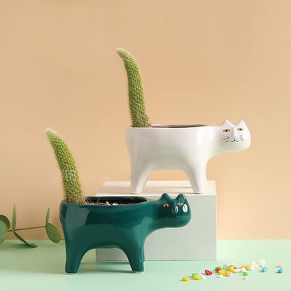 DIYOMR Cat Planter Animal Succulent Pots, Ceramic Cat Mini Flower Pots Cactus/Plants Containers for Home Office Desk Windowsill Decor, Plants Not Included (2Pcs)