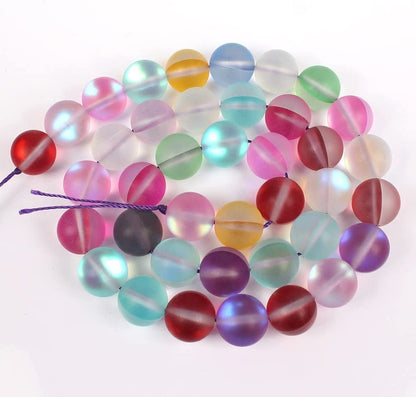 Asingeloo 48PCS 8mm Natural Coloful Mystic Aura Quartz Gemstone Frosted Matte Titanium Rainbow Round Loose Beads 15 inch Full Strand Crystal Healing Power Quartz