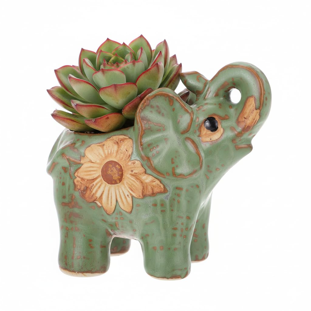 Hemoton Small Succulent Planter Pot with Drainage, Indoor/Outdoor Ceramic Animal Planter, Cute Elephant Cactus/Bonsai Flower Pot, Animal Pencil Holder for Office Home Desktop Decor