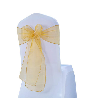 WENSINL Organza Gold Chair Sashes Bows 100 Pack 7x108 inches Sheer Chair Sash Ties for Wedding Party Birthday Banquets Restaurant Christmas Events Decoration (Gold)