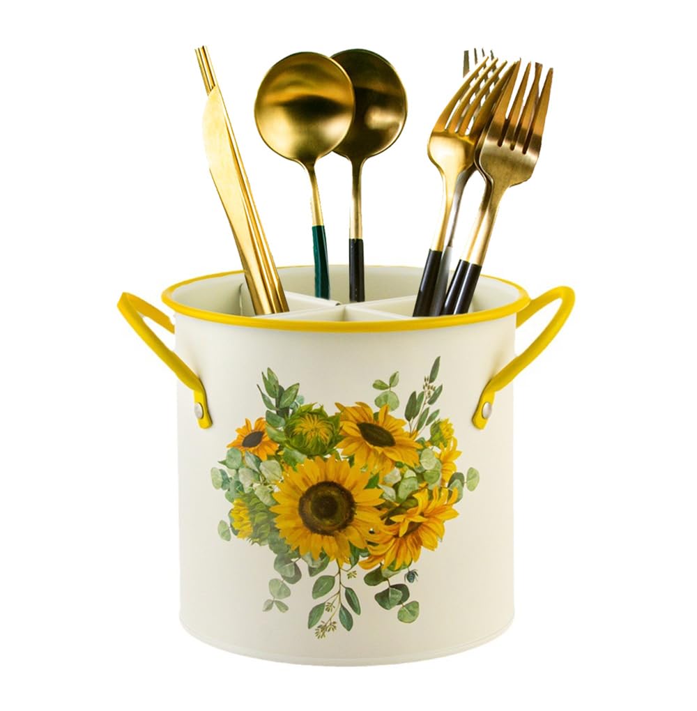 Metal Utensil Holder,Sunflower 4 Compartments Organizer Utensil Crock