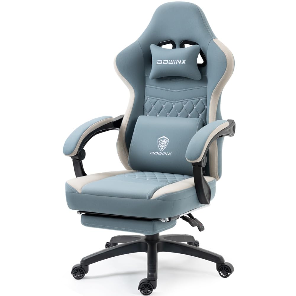 Dowinx Gaming Chair Breathable Fabric Game Chair with Gel Pad and Storage Bag, Comfortable Gamer Chair with Pocket Spring Cushion, Ergonomic Computer Chair with Footrest, Blue