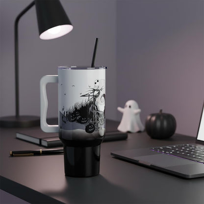 Silver Buffalo Disney Nightmare Before Christmas by Tim Burton Jack Skellington Hill and Moon Double Walled Stainless Steel Tumbler with Handle and Straw, Fits in Standard Cup Holder, 40 Ounces