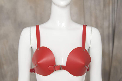 Women's Leather Bullet Cup Bra Body Harness Adjustable Brooch Buckle Punk Lingerie Bra Catwoman Costume(red) One Size