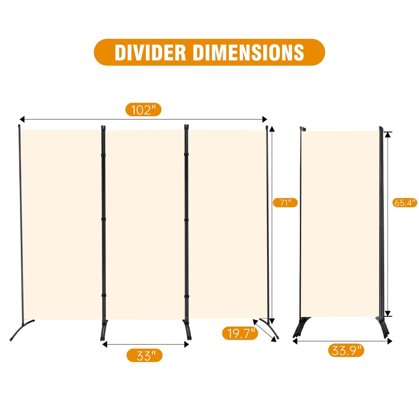 3 Panel Folding Privacy Screens, Portable Room Divider Panel, 6Ft Beige