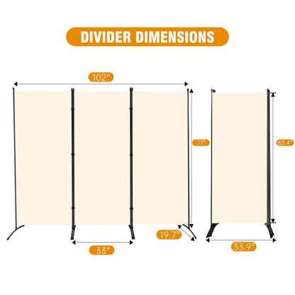3 Panel Folding Privacy Screens, Portable Room Divider Panel, 6Ft Beige