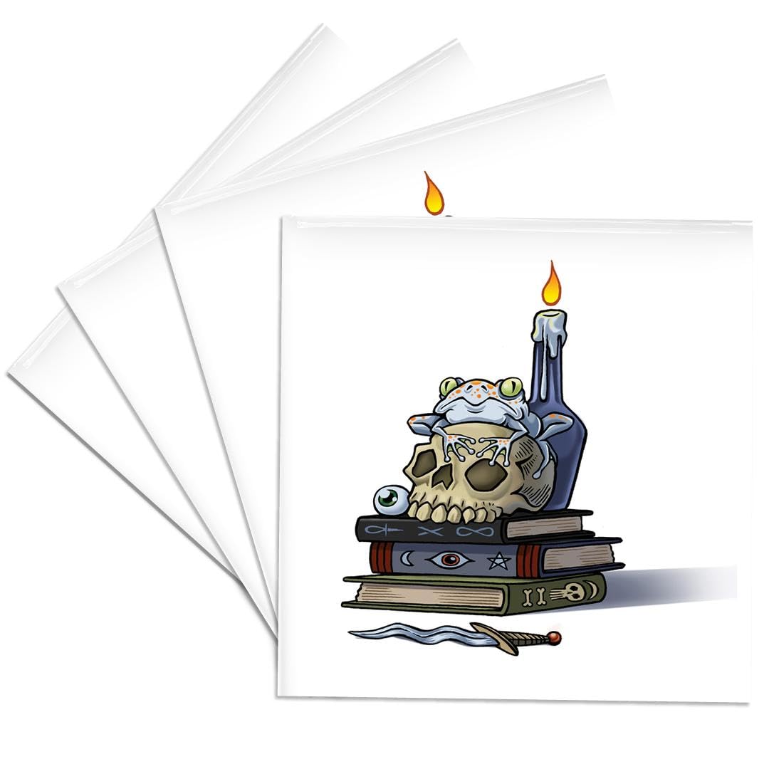 3dRose Scary Halloween Skull On Books with A Frog and Candle Set of 4 Ceramic Tile Coasters