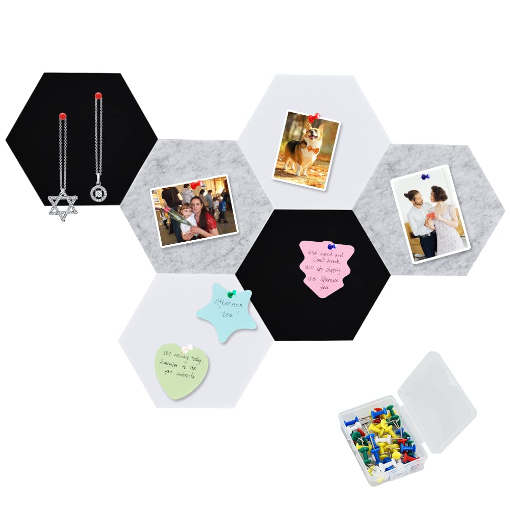 Vuzvuv 6 Pcs Hexagon Bulletin Board with 50 Pushpins & Sticky Note Adhesive Cork Board for Wall，Felt Pin Board for School，Office Decor（Black White Grey）