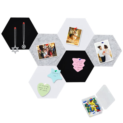 Vuzvuv 6 Pcs Hexagon Bulletin Board with 50 Pushpins & Sticky Note Adhesive Cork Board for Wall，Felt Pin Board for School，Office Decor（Black White Grey）