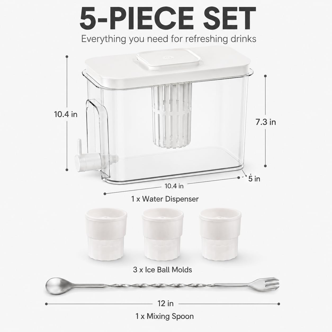 1.1 Gallon Beverage Dispenser with Spigot - BPA-Free Water Jug for Refrigerator, Includes 3 Ice Ball Molds & Bar Spoon - Leak-Proof Drink Container for Party, Iced Tea - White 5-Piece Set