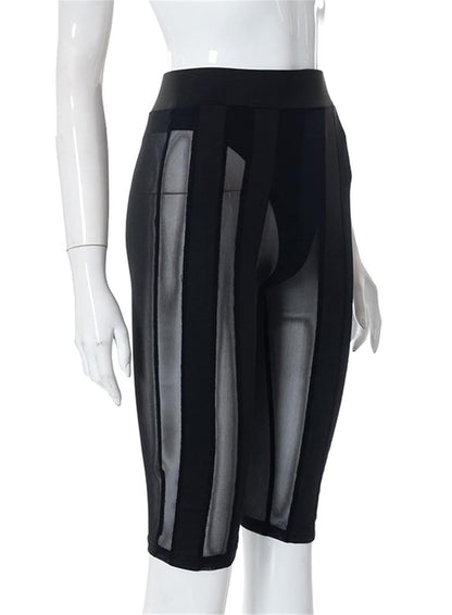 Atyfuniby High Waisted Leggings for Women - Striped Patchwork Sexy Skinny Mesh See Through Stretchy Knee Length Pants Clubwear Black S