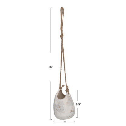 Creative Co-Op Hanging Stoneware Planter with Jute Rope Hanger and Distressed Volcano Finish, White