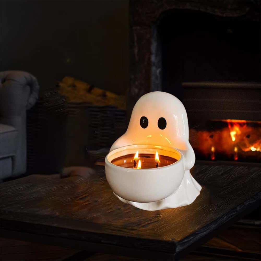 FACIOWN Halloween Ghost Candlestick, Ceramic Tea Light Holder for Scented Candles, Doubles As Candy Dish, Cute Halloween Party Decor.