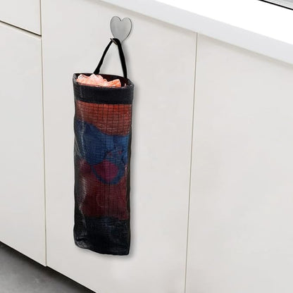 2 Pcs Plastic Bag Holder Trash Bags Storage Dispenser Organizer for Home Kitchen Mesh Hanging Storage Dispensers Recycling Garbage Folding Hanging Storage Bag Grocery Bags Holder with 2 Hooks (Black)