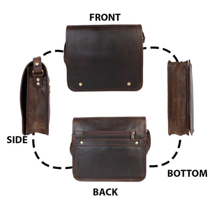 Satchel And Fable Leather cross body Shoulder I pad Messenger full flap Bag 11 Inch (Dark Brown, 11 inch)