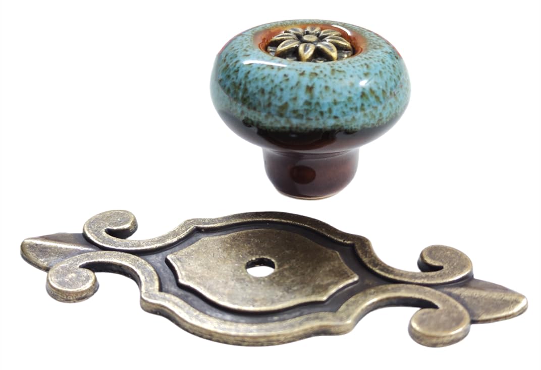 Wannianmu 10 Pack Retro Ceramic Knobs,Vintage Dresser Kitchen Petal Cabinet Pulls Rustic Zinc Alloy Base Back Plate Kid Cupboard Wardrobe Drawer Door Handles (Leopard Print Blue)