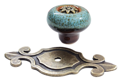 Wannianmu 10 Pack Retro Ceramic Knobs,Vintage Dresser Kitchen Petal Cabinet Pulls Rustic Zinc Alloy Base Back Plate Kid Cupboard Wardrobe Drawer Door Handles (Leopard Print Blue)