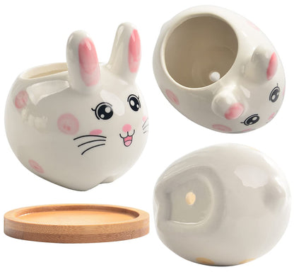 3.6 inch Mini Pots for Small Succulant Plant Ceramic Animal Succulent Planter with Drainage and Bamboo Tray for Easter Bunny Rabbit Gift Lovers (Cute Bunnies)